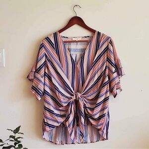 Umgee Striped Surplice Tie Front Flutter Sleeve Blouse